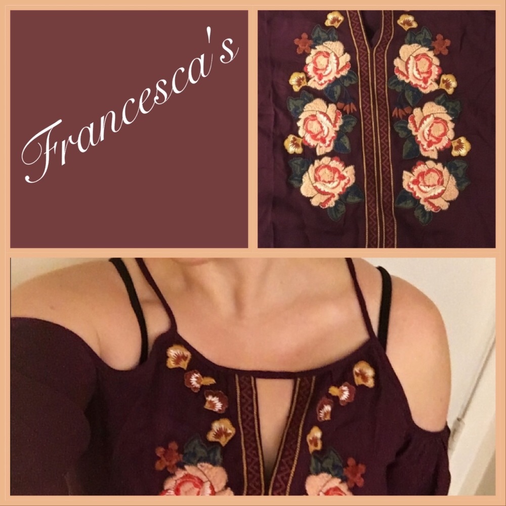 **NWT**Merlot, Floral Embroidered ColdShoulder Top